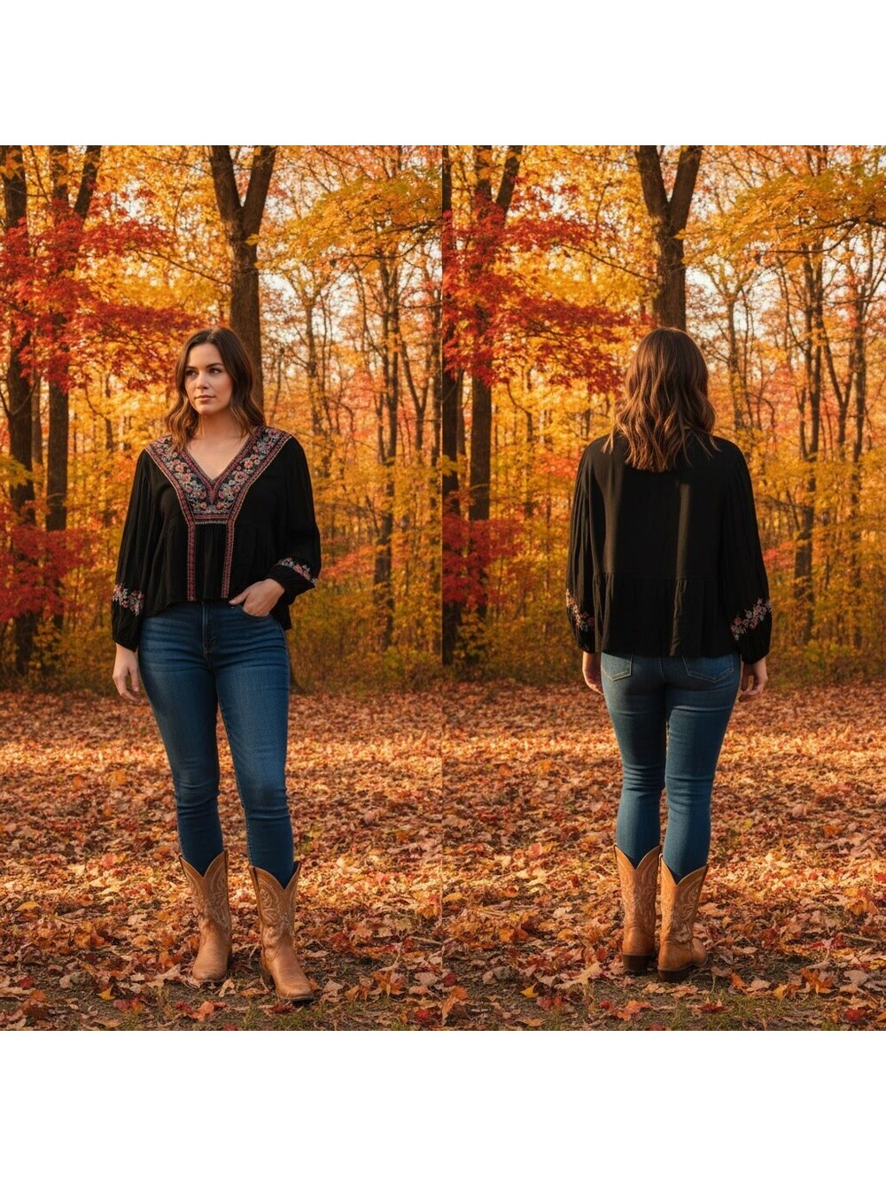 1847 - American Eagle Black V-Neck Embroidered Boho Blouse XL